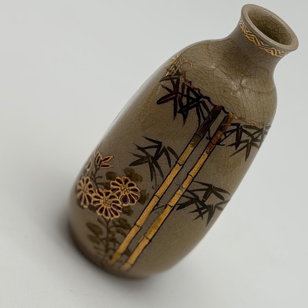 Vintage Japaneseβ Satsuma Bud Vase Bamboo Floral Gold Gilt Crackle Glaze 5.5in